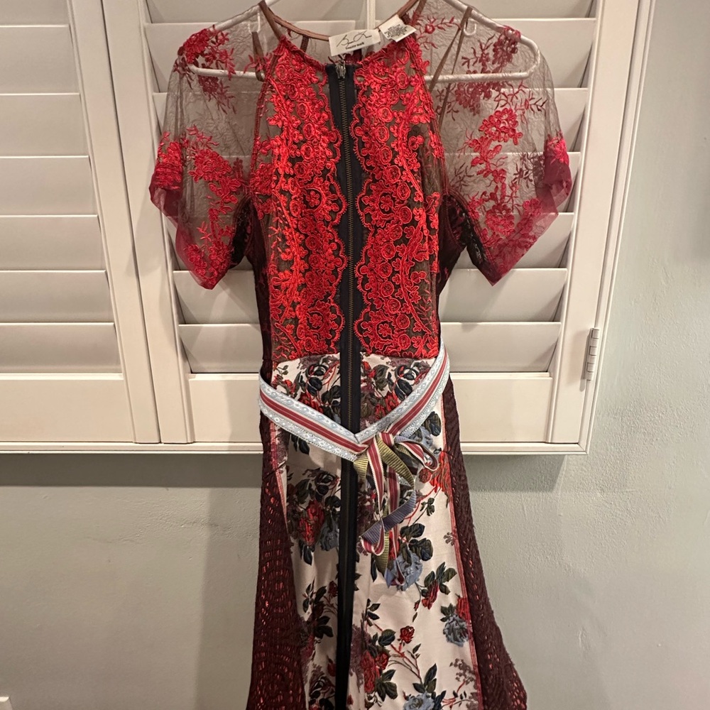 Anthropologie - Winter rose red lace, floral brocade A-line dress by Byron Lars